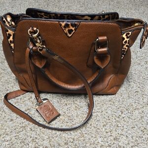 Bulldog Elegant Brown Crossbody Satchel Concealed Carry Bag with Leopard Accents